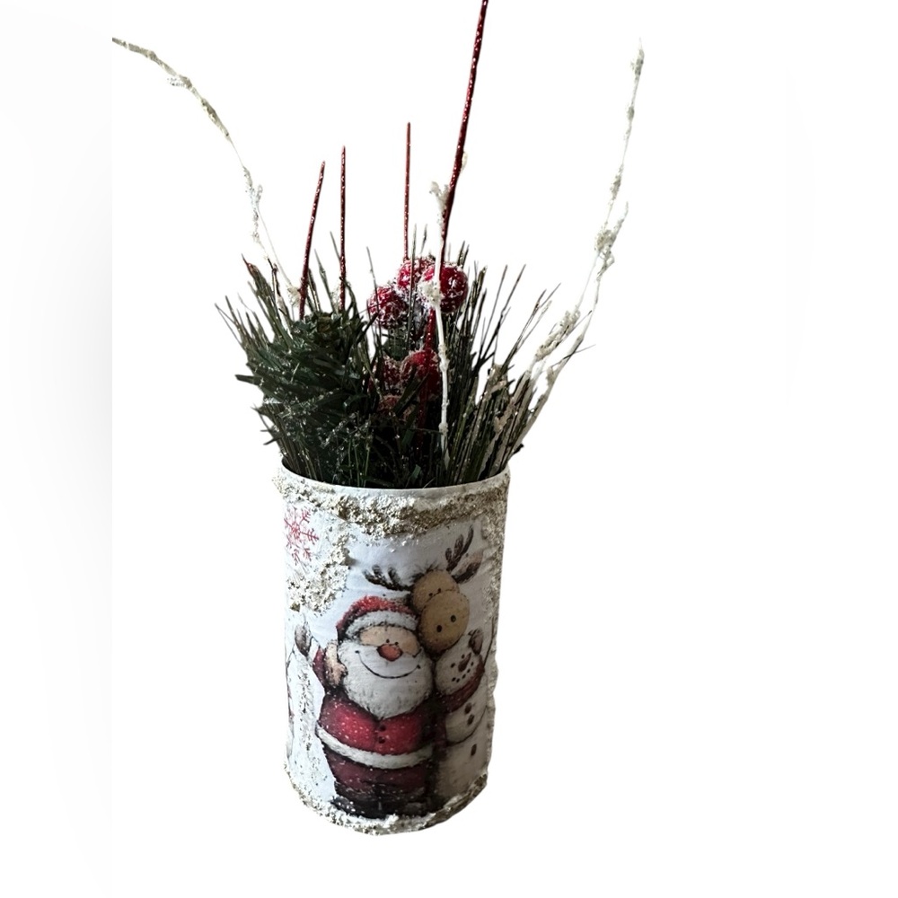Handcrafted Santa and Reindeer Holiday Vase with greenery